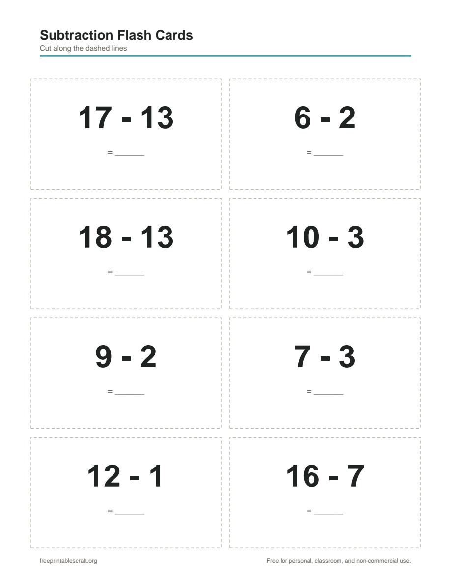 Preview of the subtraction flash cards printable PDF