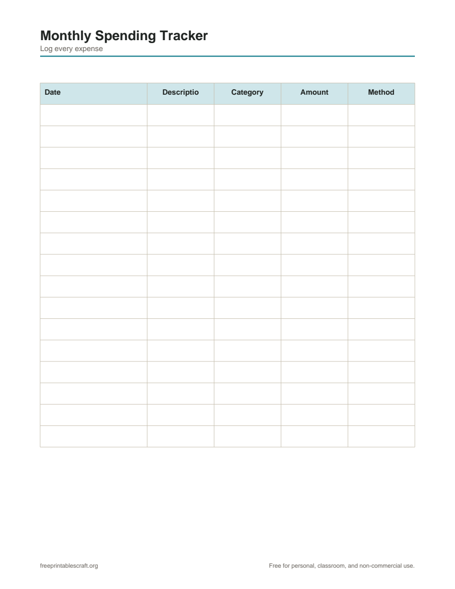 Preview of the monthly spending tracker printable PDF