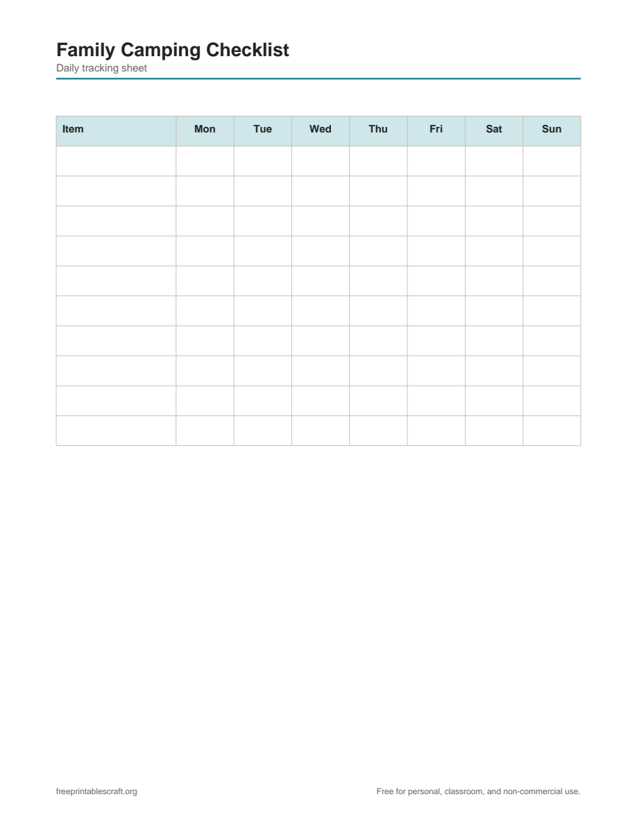 Preview of the family camping checklist printable PDF