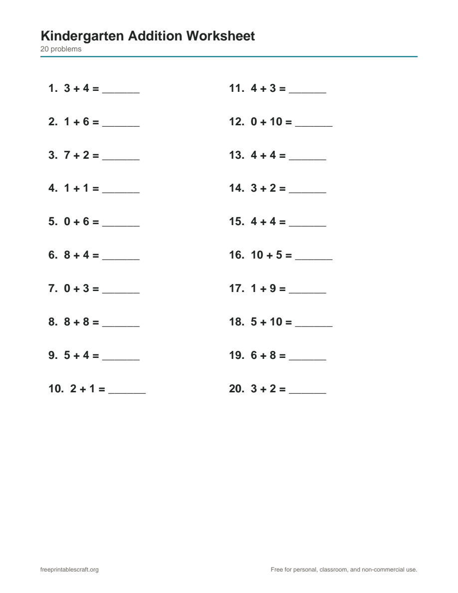 Preview of the kindergarten addition worksheets printable PDF