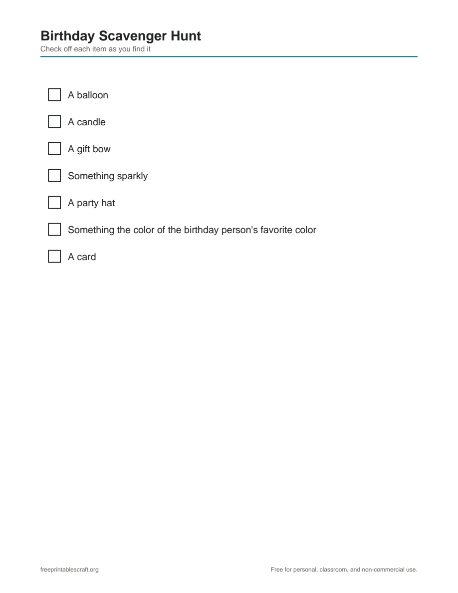 Preview of the birthday scavenger hunt printable PDF