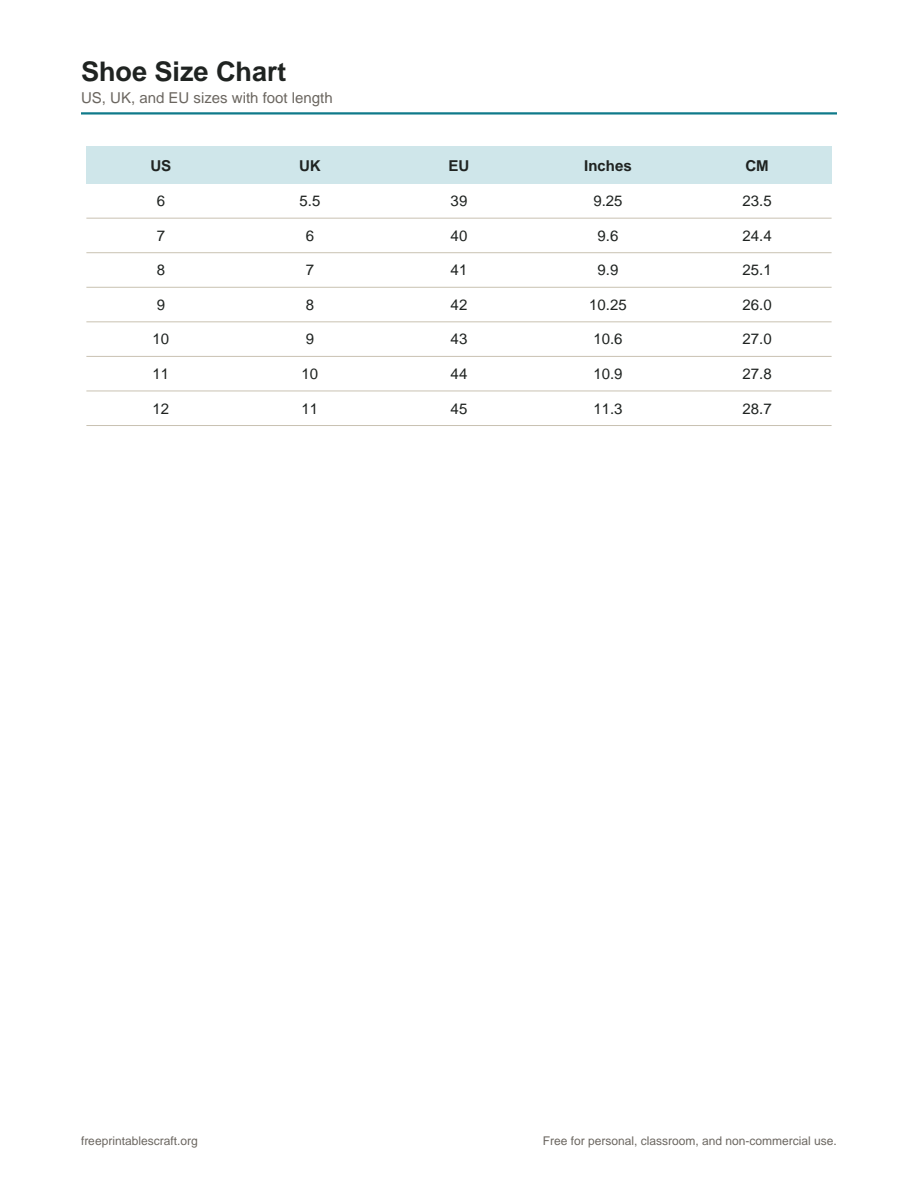 Preview of the foot size chart printable PDF