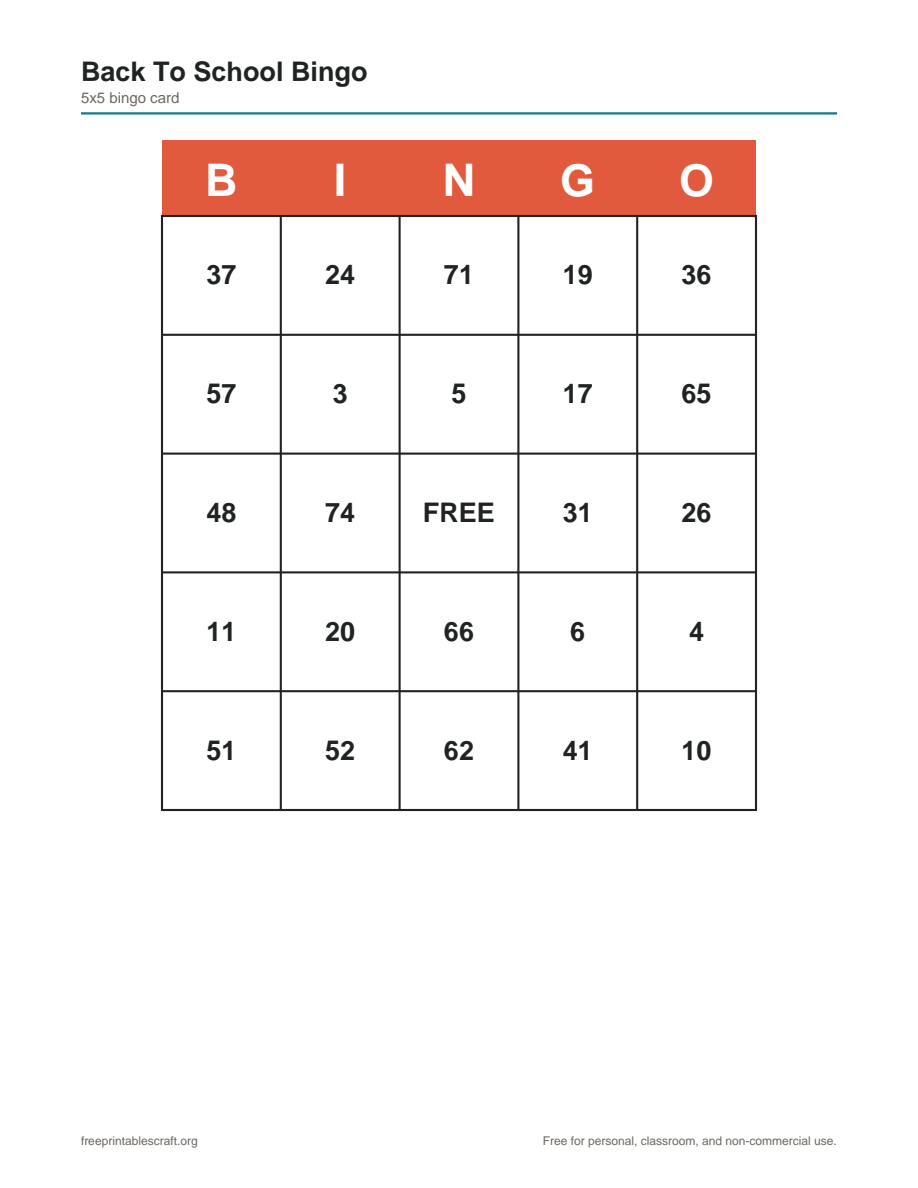 Preview of the back to school bingo printable PDF