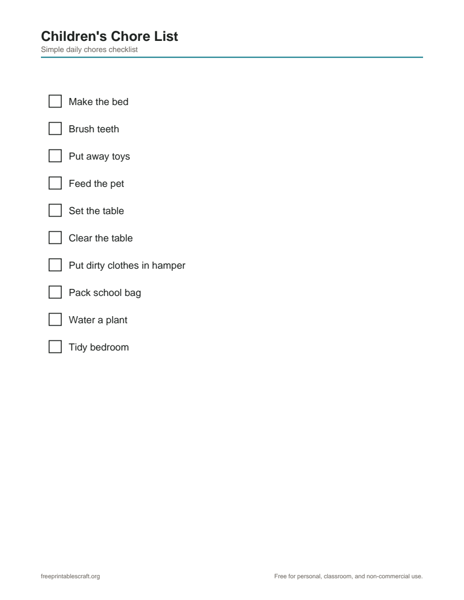 Preview of the children's chore list printable PDF