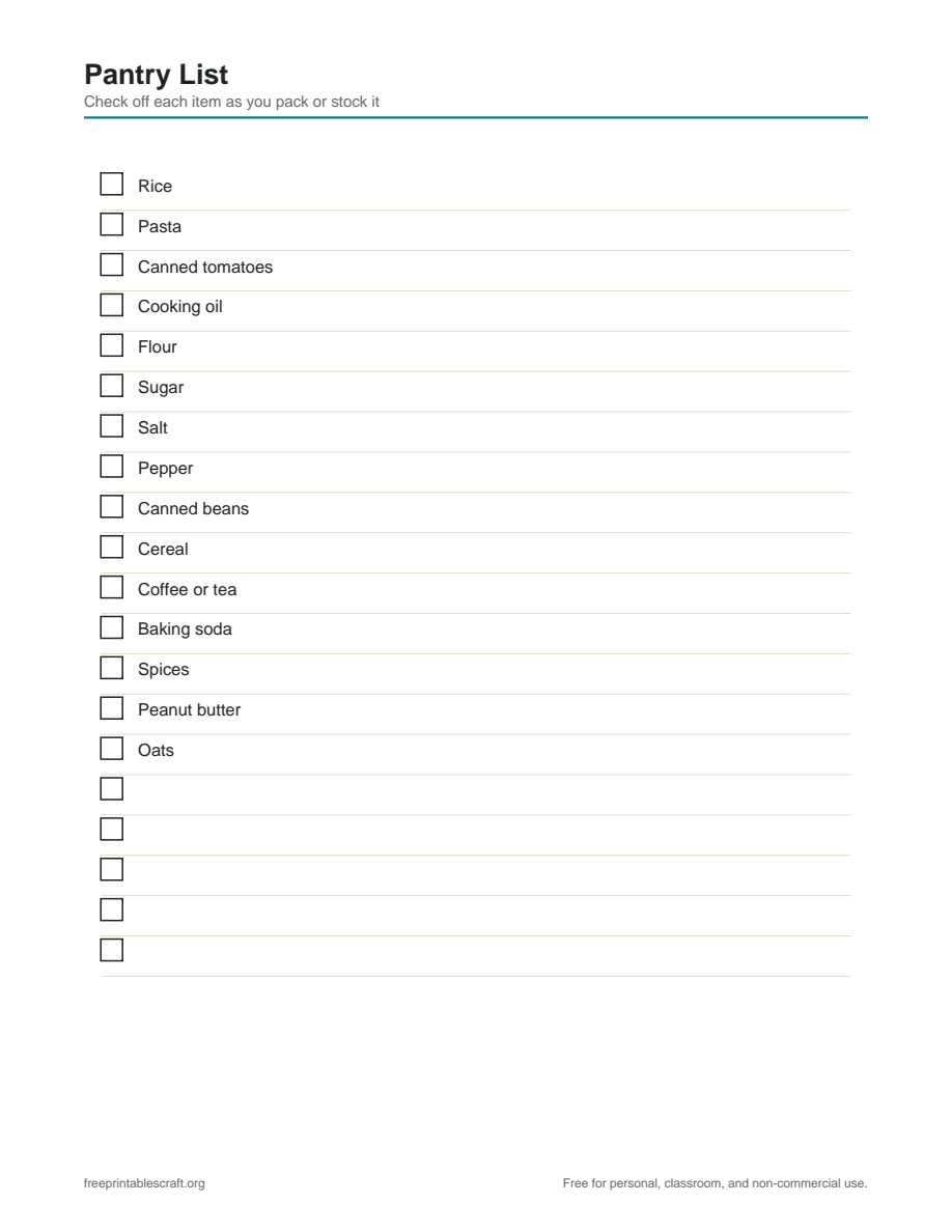 Preview of the pantry list printable PDF