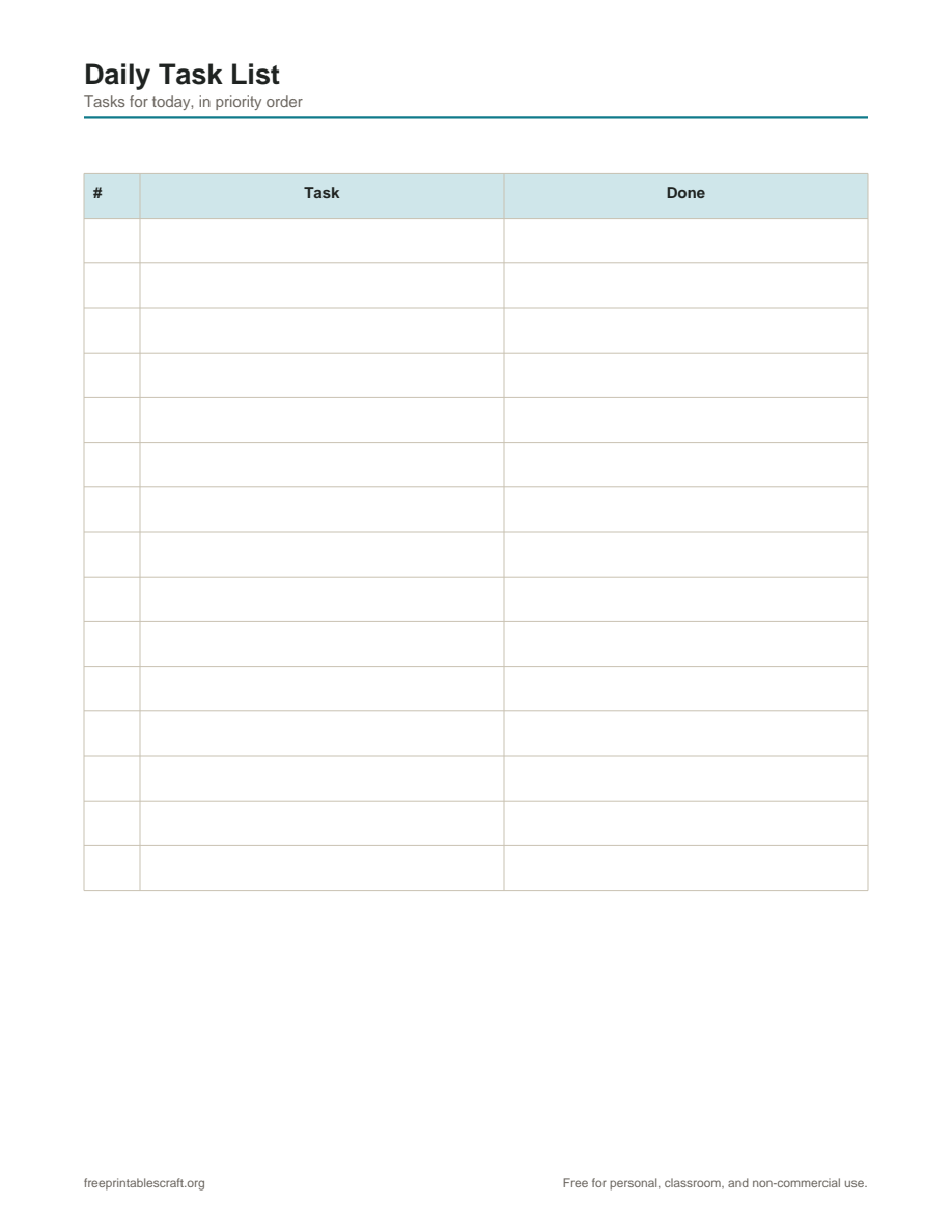 Preview of the daily task list printable PDF