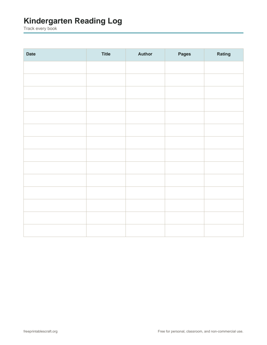 Preview of the kindergarten reading log printable PDF