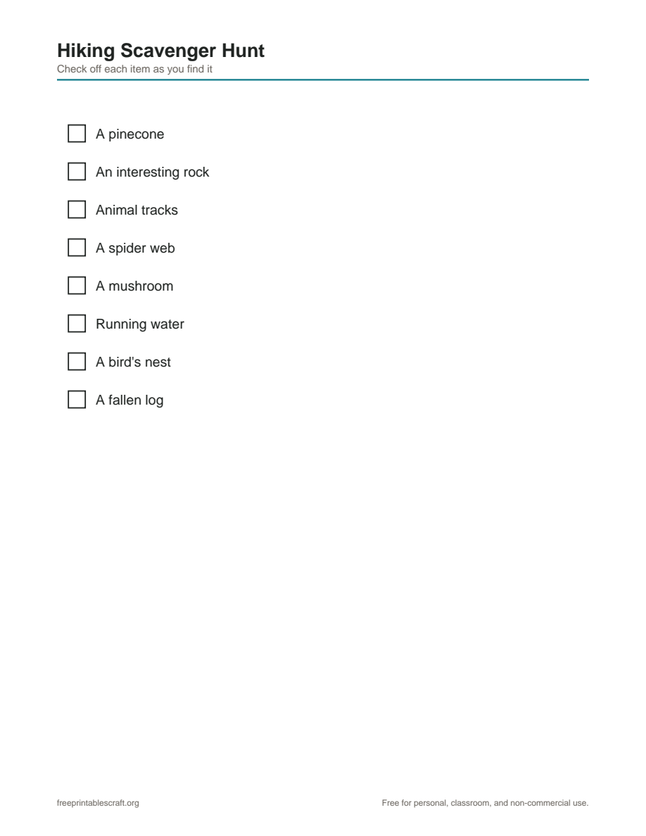 Preview of the hiking scavenger hunt printable PDF