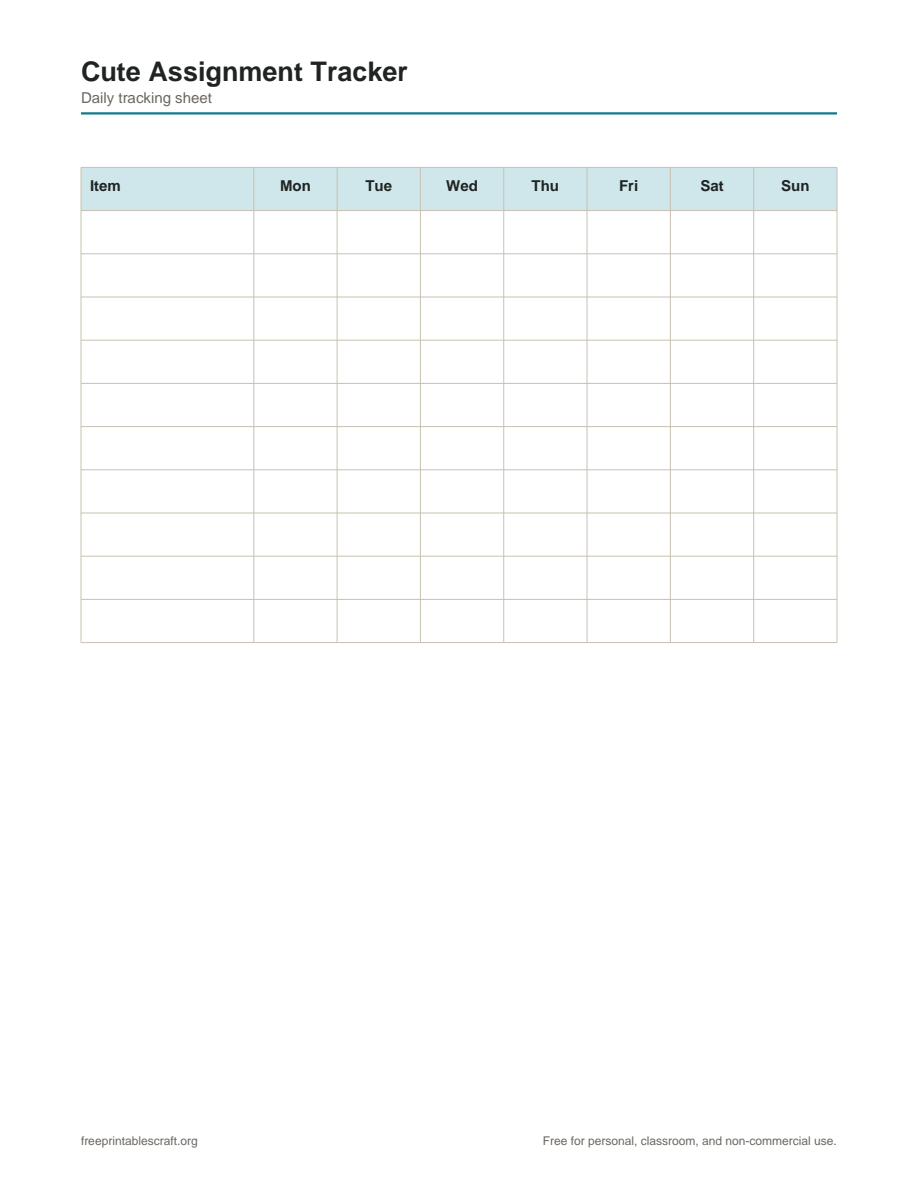 Preview of the cute assignment tracker printable PDF