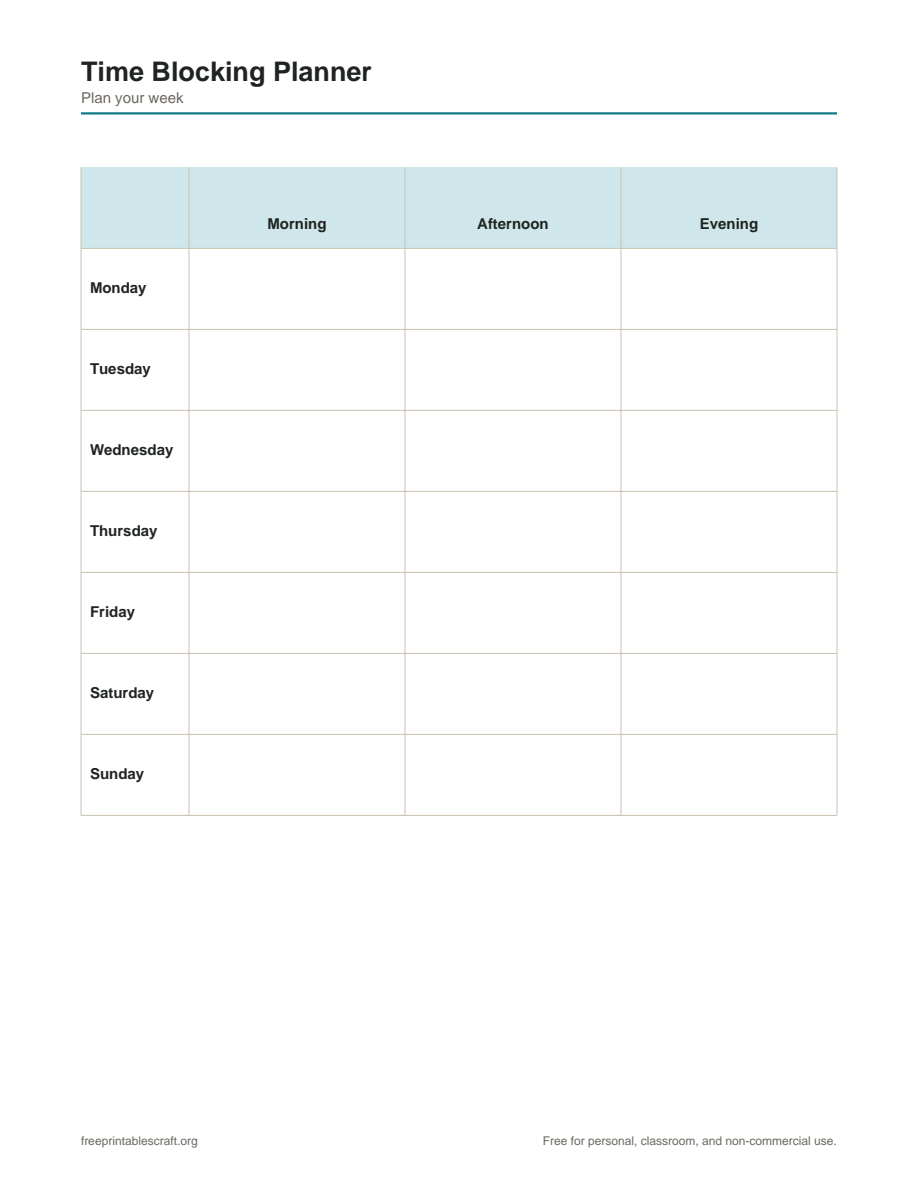 Preview of the time blocking planner printable PDF