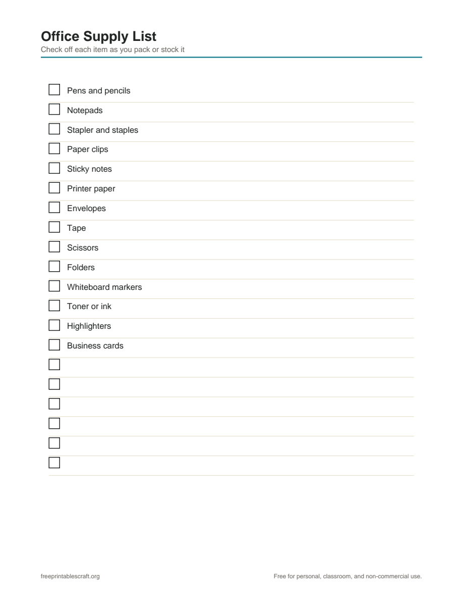 Preview of the office supply list printable PDF