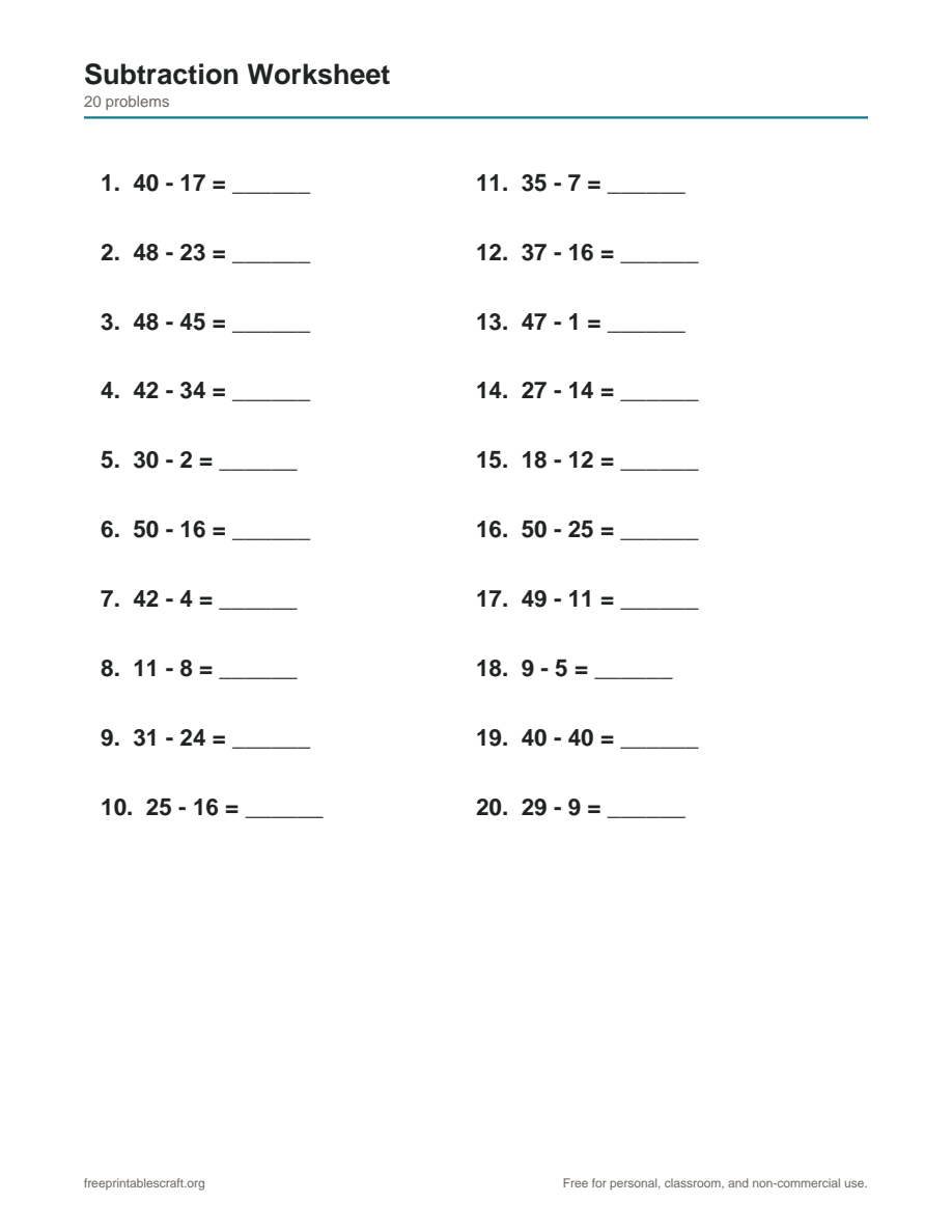 Preview of the subtraction worksheets printable PDF