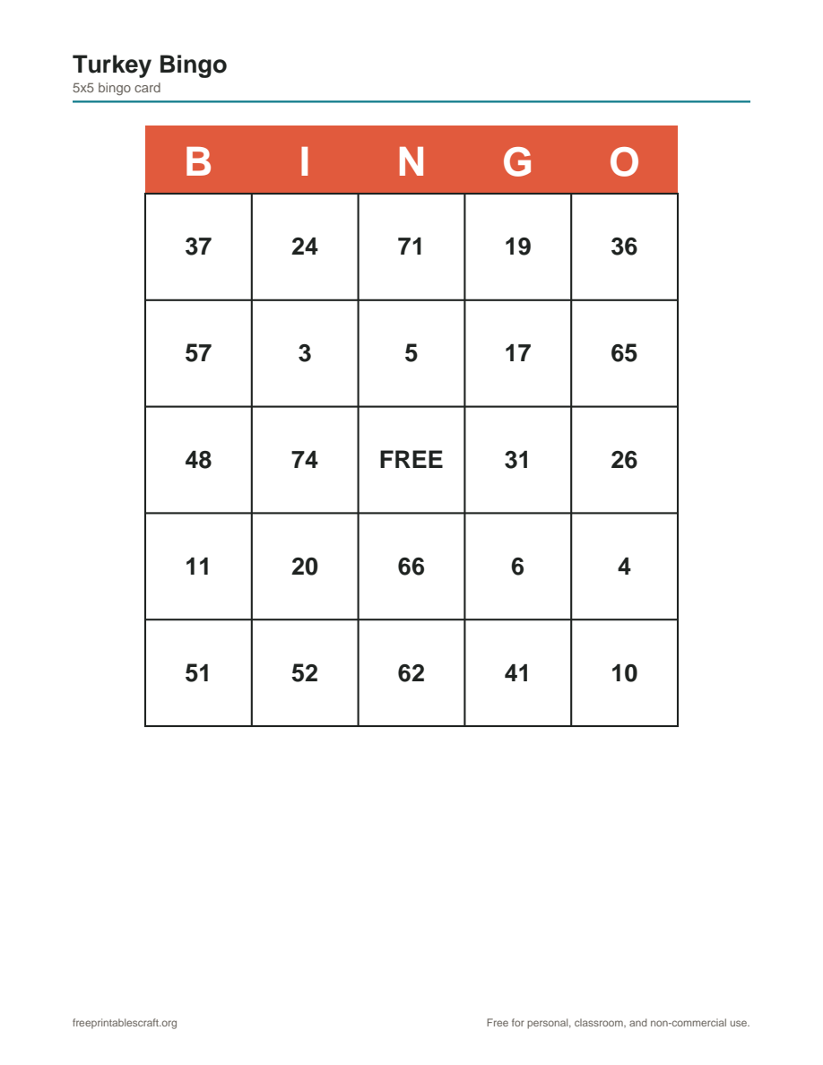Preview of the turkey bingo printable PDF