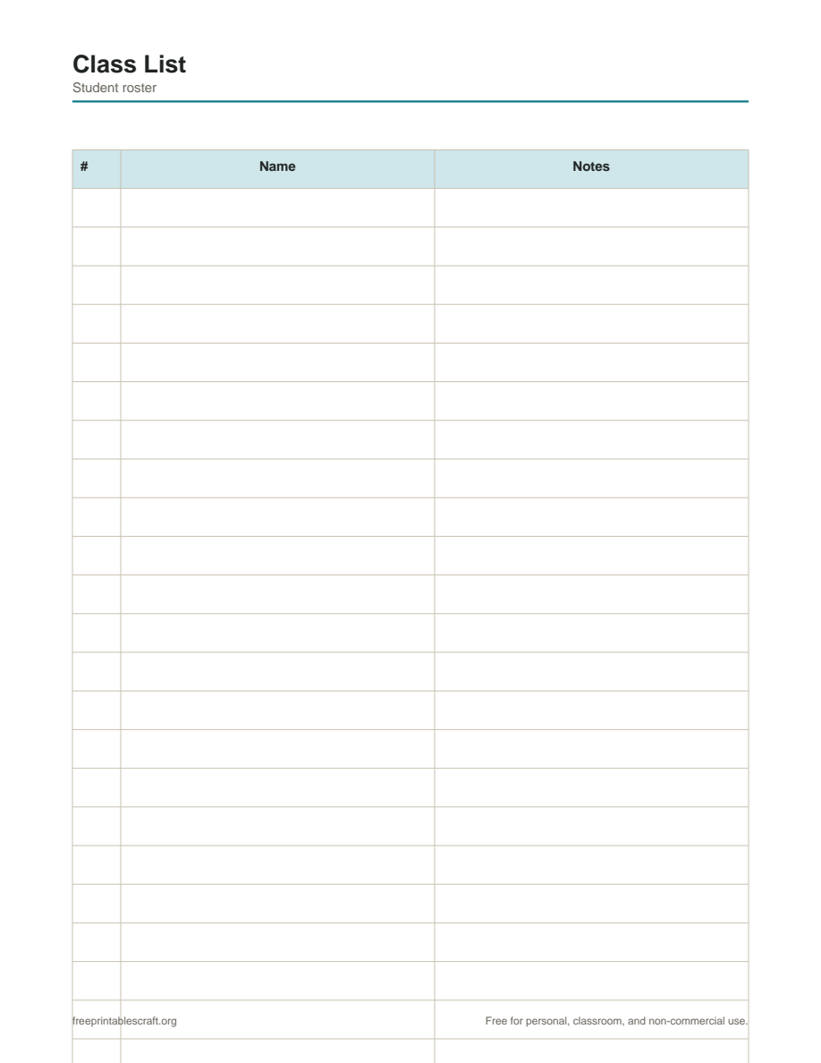 Preview of the class list printable PDF