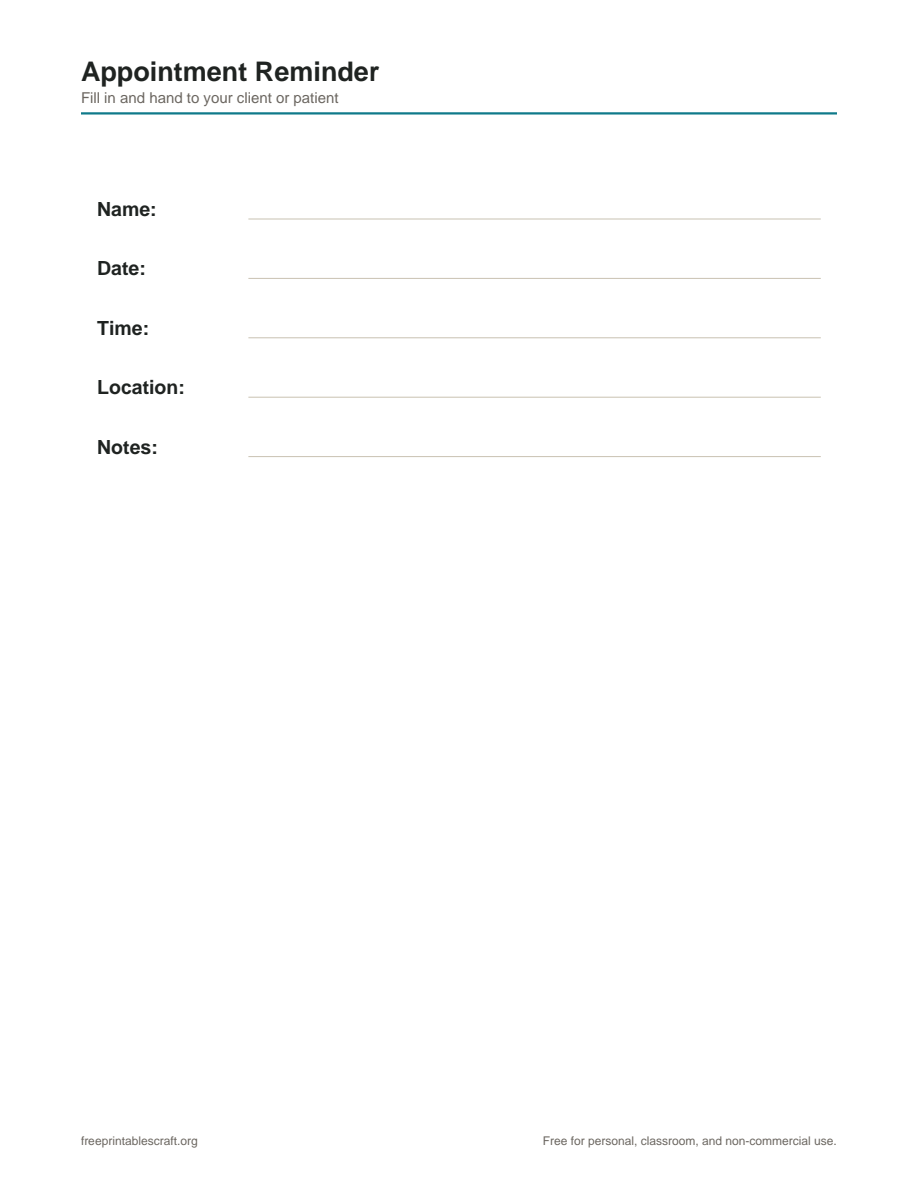 Preview of the appointment template printable PDF
