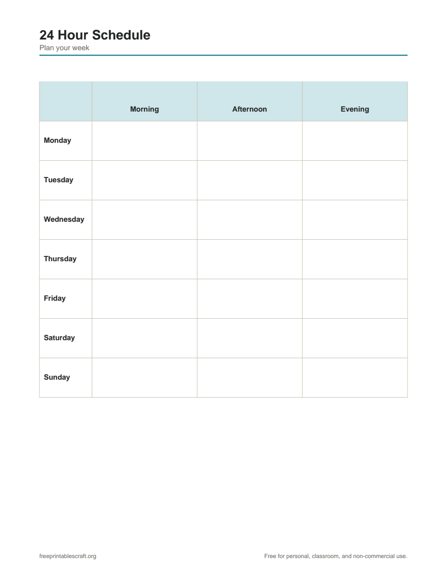 Preview of the 24 hour schedule printable PDF