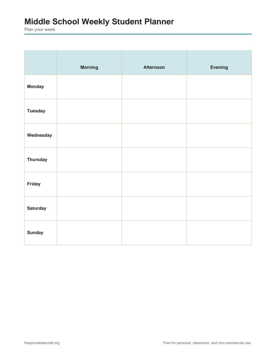 Preview of the middle school weekly student planner printable PDF
