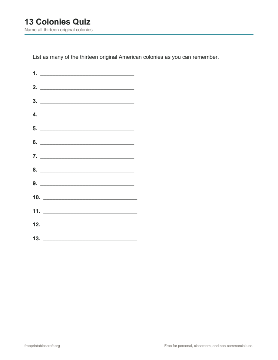 Preview of the 13 colonies quiz printable PDF