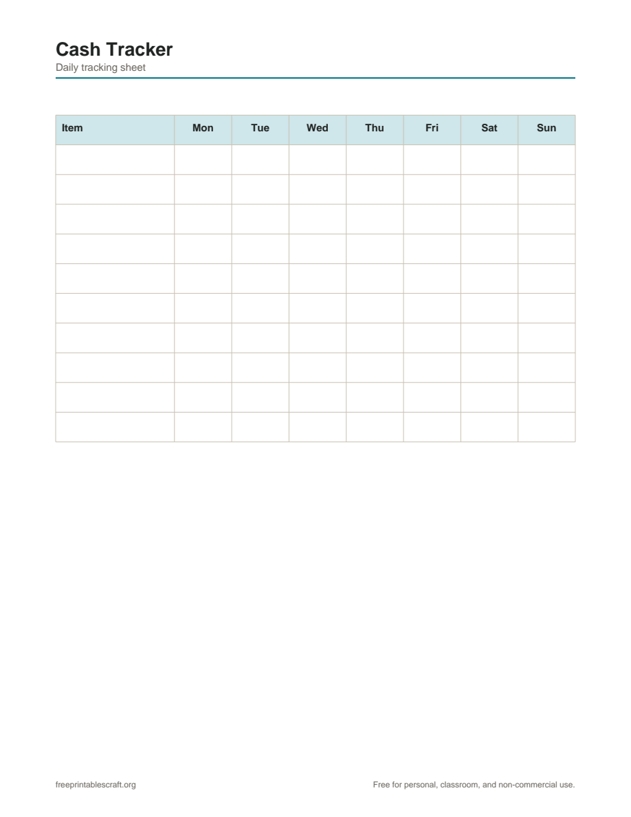 Preview of the cash tracker printable PDF