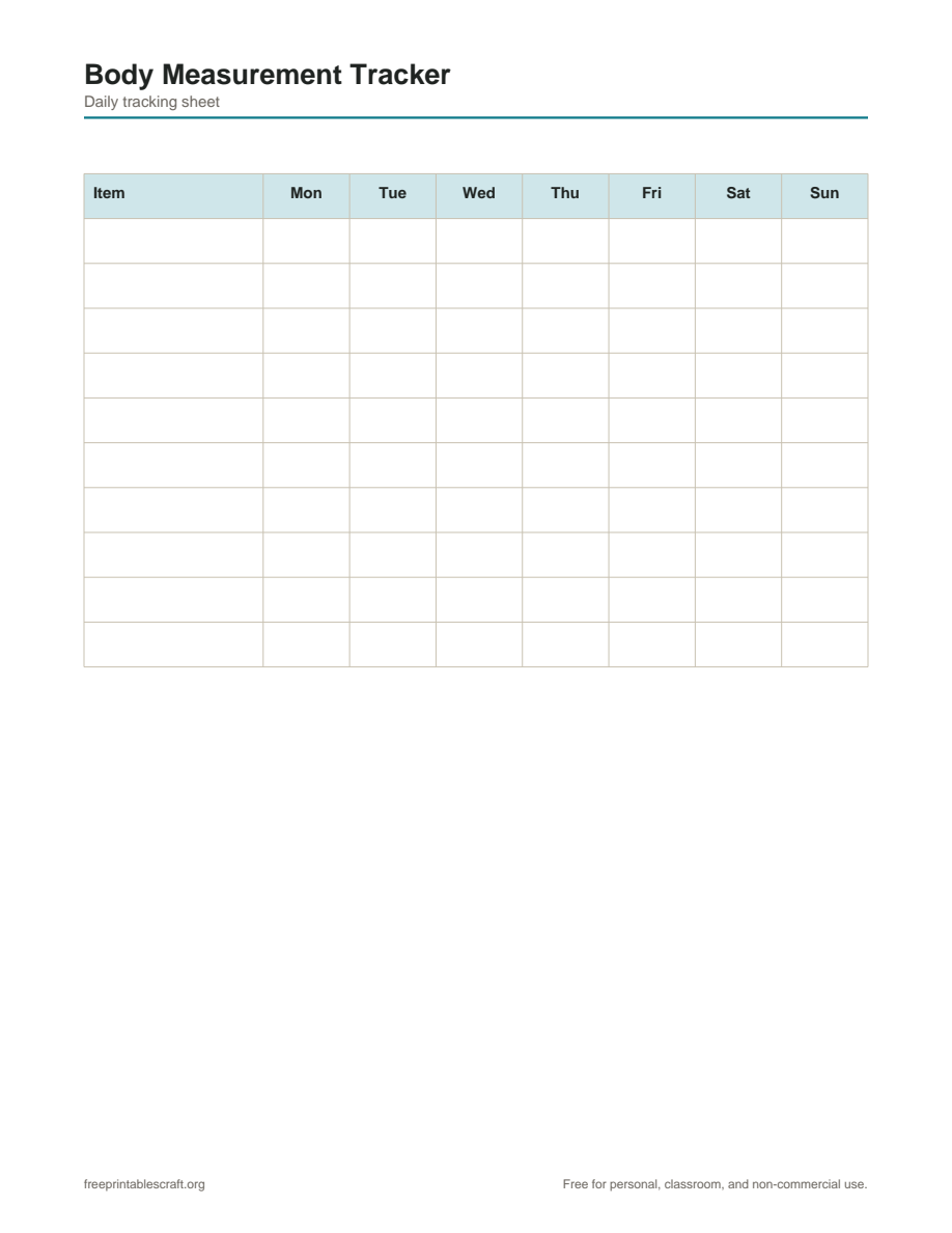 Preview of the body measurement tracker printable PDF