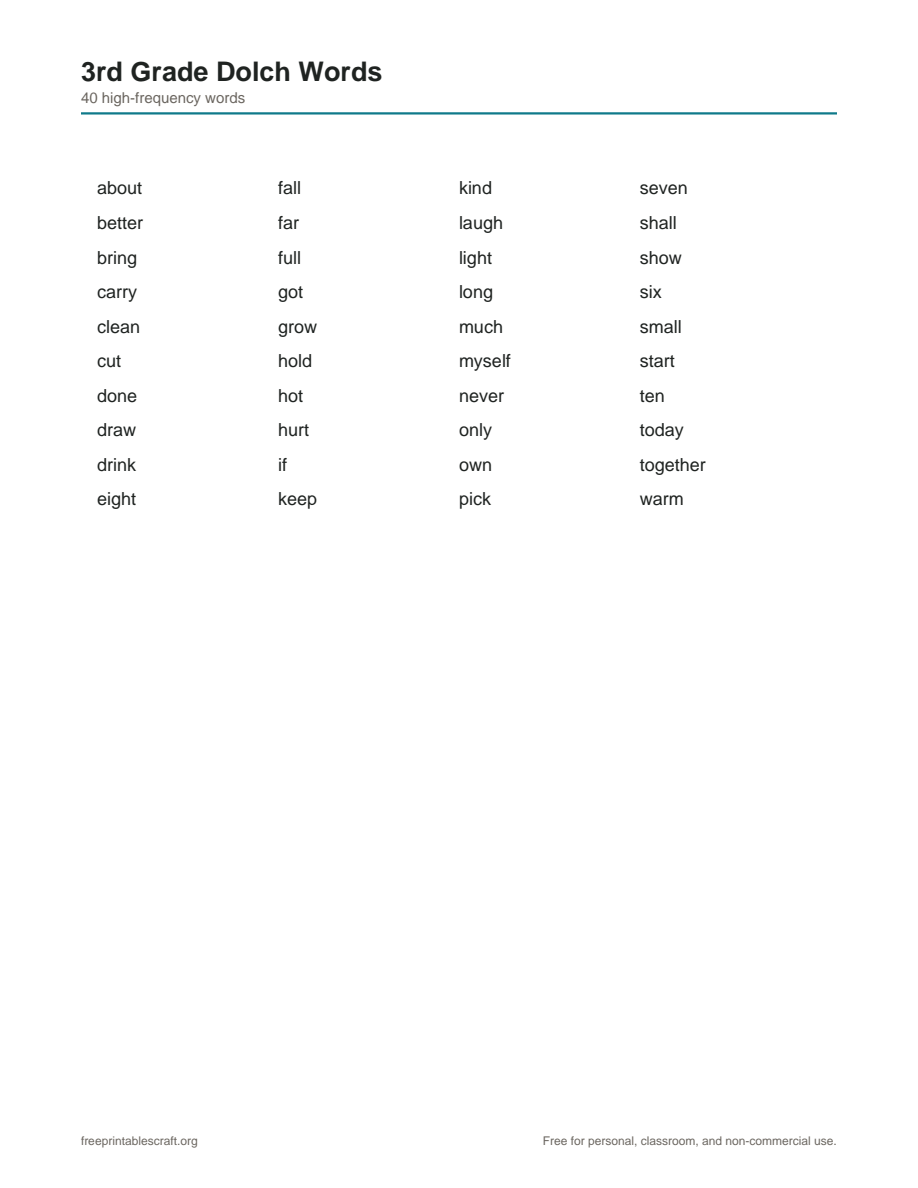 Preview of the 3rd grade dolch word list printable PDF